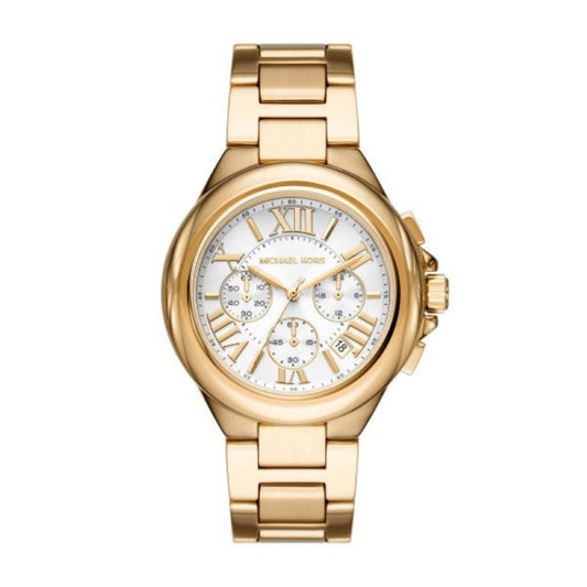 Gold stainless steel MICHAEL KORS Mod. CAMILLE chronograph wristwatch for ladies with mineral dial and quartz movement displayed in official box.