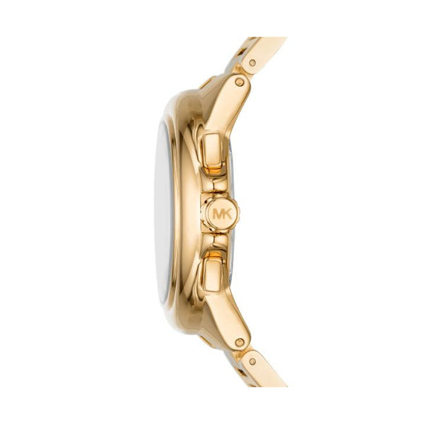 Side view of MICHAEL KORS Mod. CAMILLE wristwatch in gold, showcasing its 43mm case and chronograph functions.