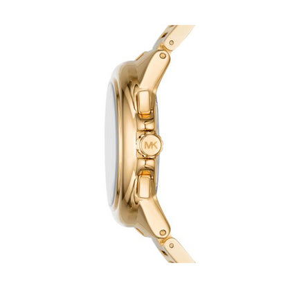 Side view of MICHAEL KORS Mod. CAMILLE wristwatch in gold, showcasing its 43mm case and chronograph functions.