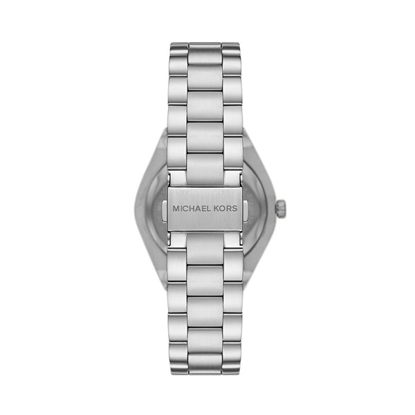 Rear view of stainless steel MICHAEL KORS Mod. LENNOX wristwatch with bracelet strap, showcasing branding on clasp, elegant design.