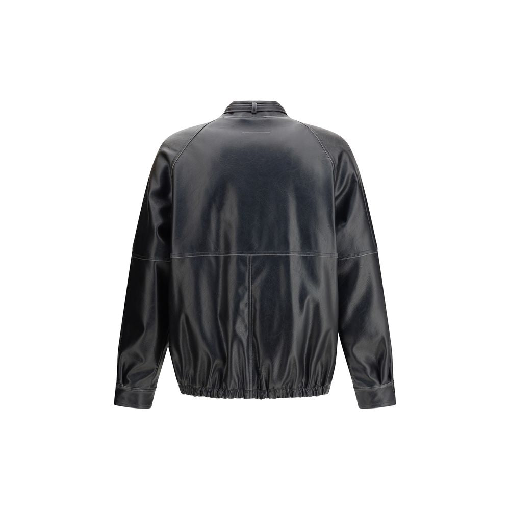 Back view of MM6 Black Polyester Bomber jacket with stand collar and elasticated hem.