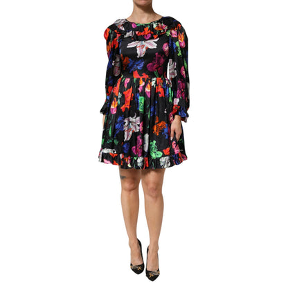 MSGM Dress Black Multicolor Floral Ruffle Long Sleeve Mini Dress