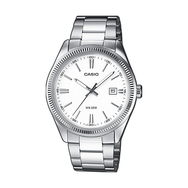 CASIO COLLECTION Mod. DATE - WHITE wristwatch, stainless steel case and strap, quartz movement, 38.5mm, water resistant, official box included.