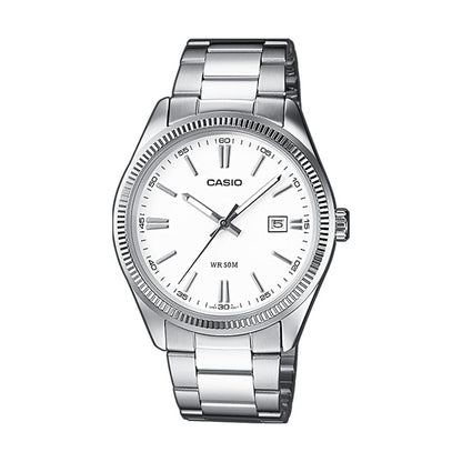 CASIO COLLECTION Mod. DATE - WHITE wristwatch, stainless steel case and strap, quartz movement, 38.5mm, water resistant, official box included.