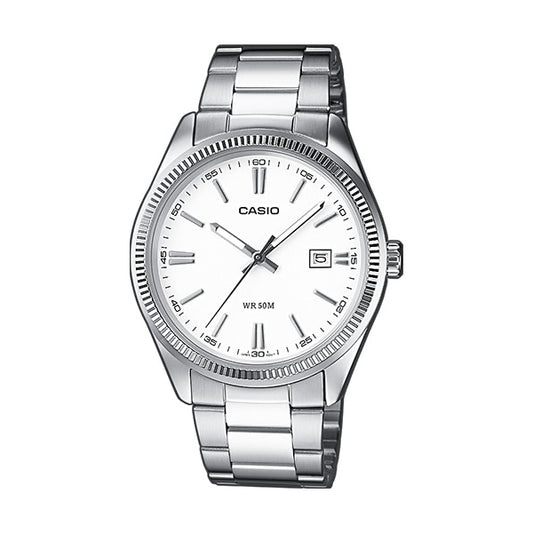CASIO COLLECTION Mod. DATE - WHITE wristwatch, stainless steel case and strap, quartz movement, 38.5mm, water resistant, official box included.