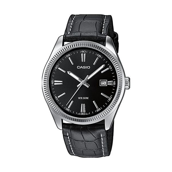 CASIO COLLECTION Mod. DATE. LEATHER - BLACK, quartz wristwatch with black leather strap and stainless steel case, water resistant 5 ATM