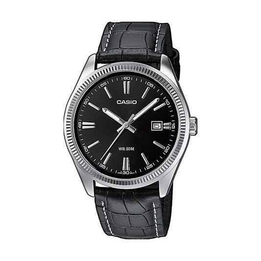 CASIO COLLECTION Mod. DATE. LEATHER - BLACK, quartz wristwatch with black leather strap and stainless steel case, water resistant 5 ATM