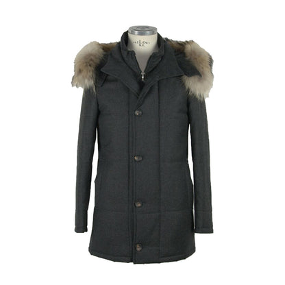 Made in Italy Black Wool Men's Jacket with fur-lined hood displayed on a mannequin.