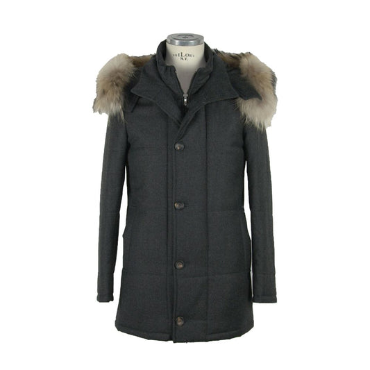 Made in Italy Black Wool Men's Jacket with faux fur hood, tailored Loro Piana fabric, zip and button closure for elegance and warmth.