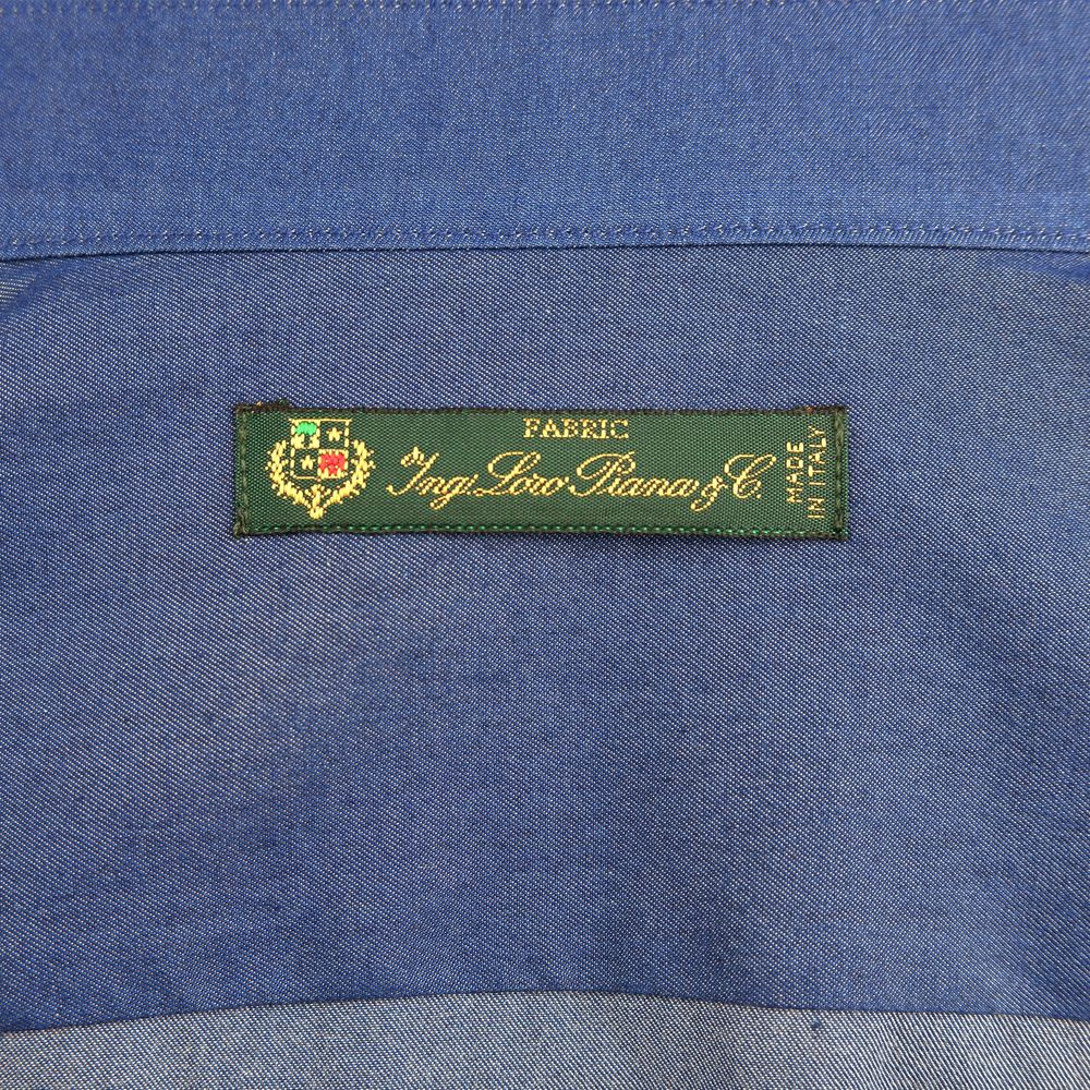 Made in Italy Blue Cotton Men's Shirt with Loro Piana fabric label, showcasing Italian craftsmanship and luxe quality.