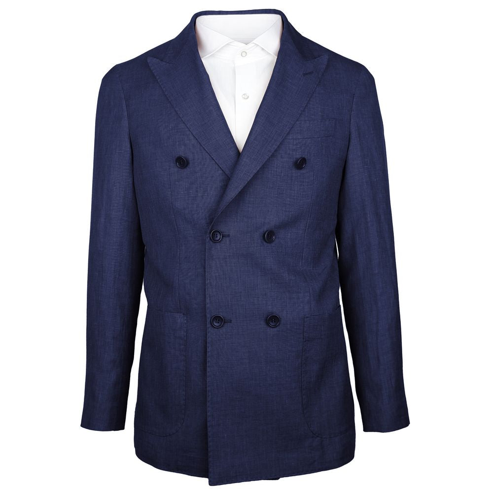 Made in Italy Blue Linen Blazer with Loro Piana fabric, double-breasted, navy blue, peaked lapels, and multiple pockets.