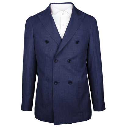 Made in Italy Blue Linen Blazer with Loro Piana fabric, double-breasted, navy blue, peaked lapels, and multiple pockets.
