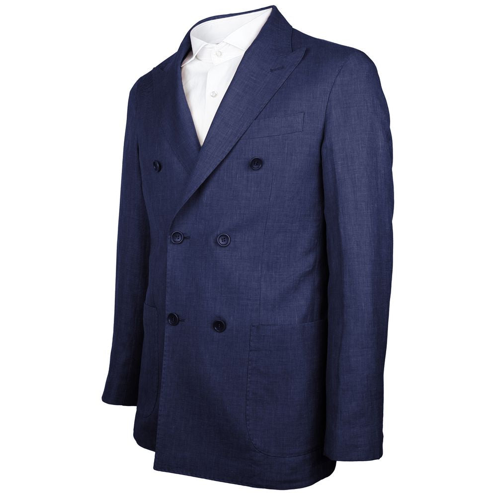 Made in Italy Blue Linen Blazer featuring Loro Piana fabric, double-breasted design, peaked lapels, and multiple pockets.
