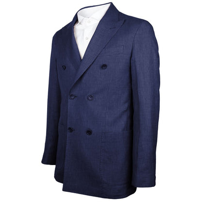Made in Italy Blue Linen Blazer featuring Loro Piana fabric, double-breasted design, peaked lapels, and multiple pockets.