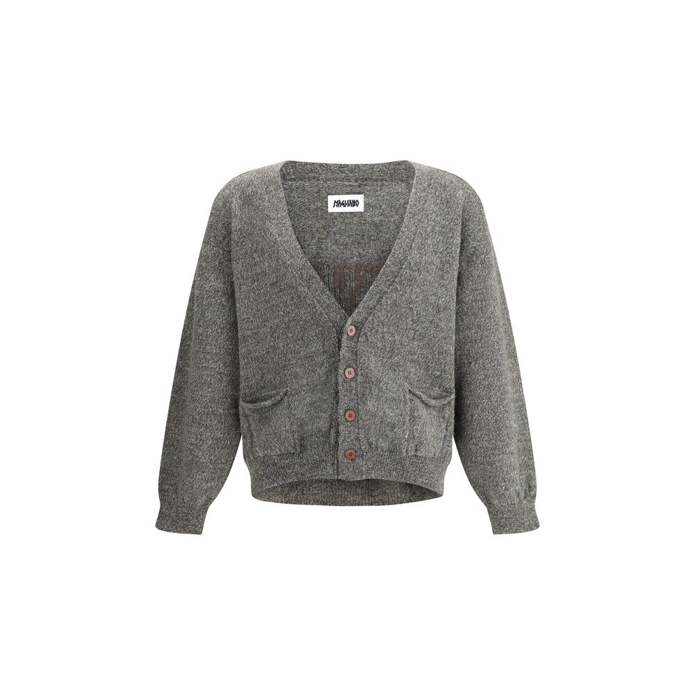 Magliano Gray Wool Cardigan with V-neck, button closure, and patch pockets, made of 100% wool Shetland yarn.
