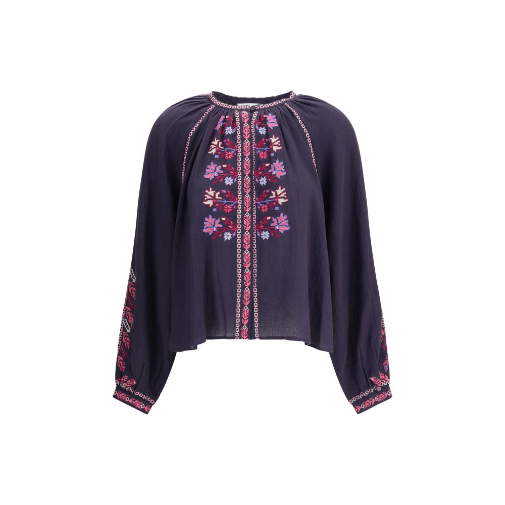 Marant Etoile Blue Cotton Blouse with embroidery and raglan sleeves for boho-chic look.