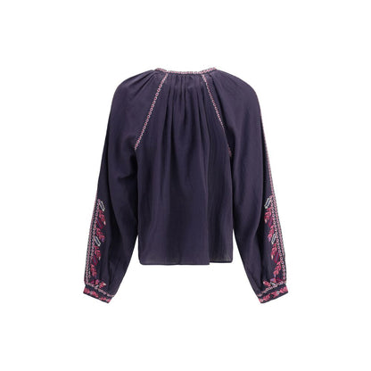 Marant Etoile Blue Cotton Blouse with raglan sleeves and cross-stitch embroidery for a boho-chic look, back view.