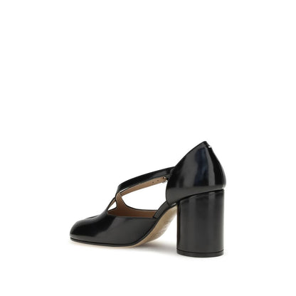 Margiela Black Calf Leather Bos Taurus High Heel Pumps with crisscrossed straps and wide heel, showcasing side view of elegant design.