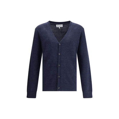 Margiela Blue Wool Cardigan with V-neck and button closure, featuring ribbed trim and elbow patches for timeless style.