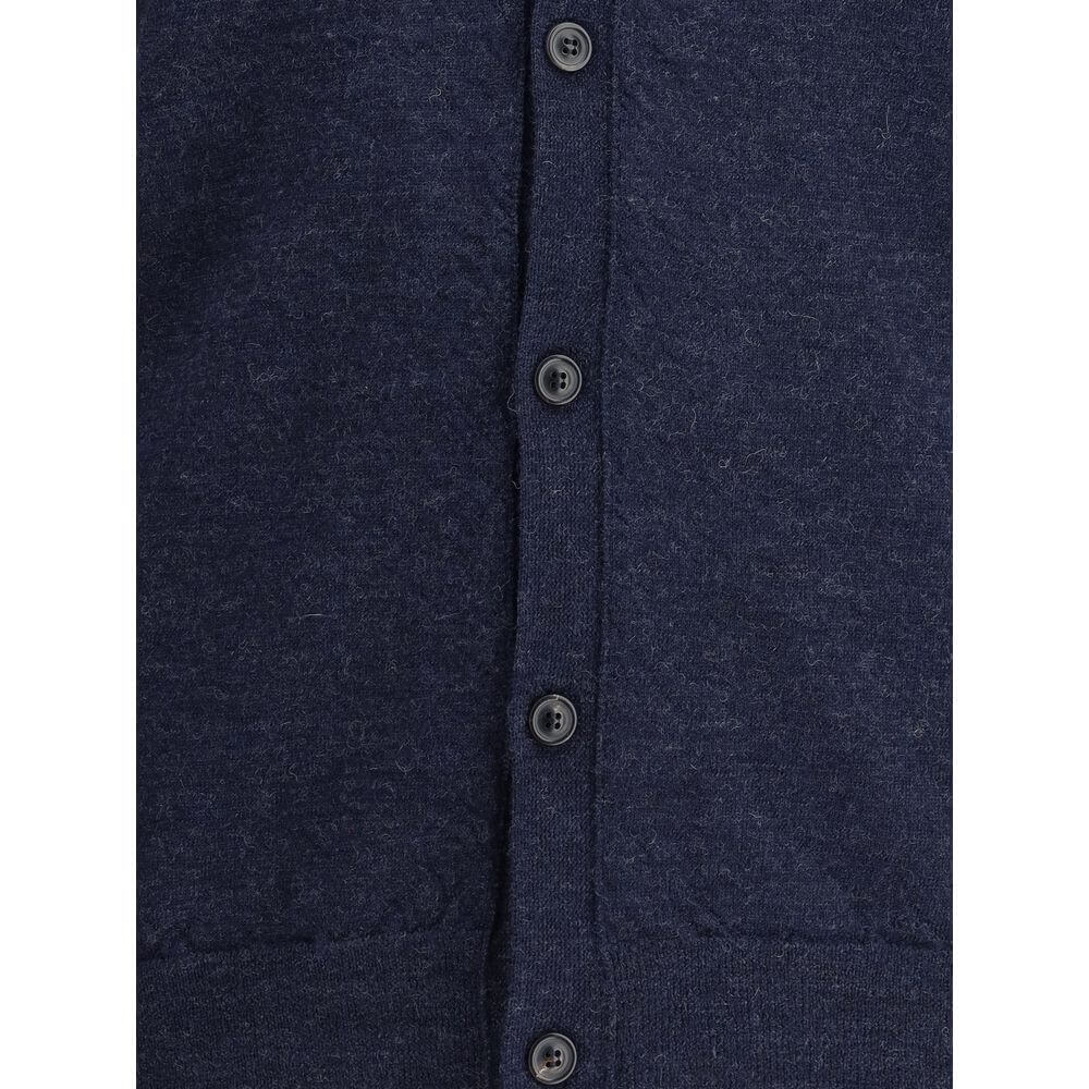 Close-up of Margiela Blue Wool Cardigan with button closure and ribbed trim, featuring elegant and timeless style.