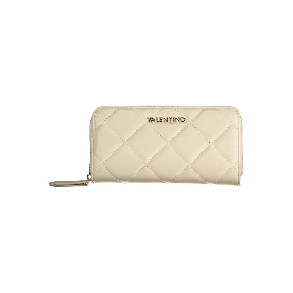 Mario Valentino Beige Polyethylene Wallet with 6 compartments, coin purse, card spaces, contrasting details, zip closure, and logo.