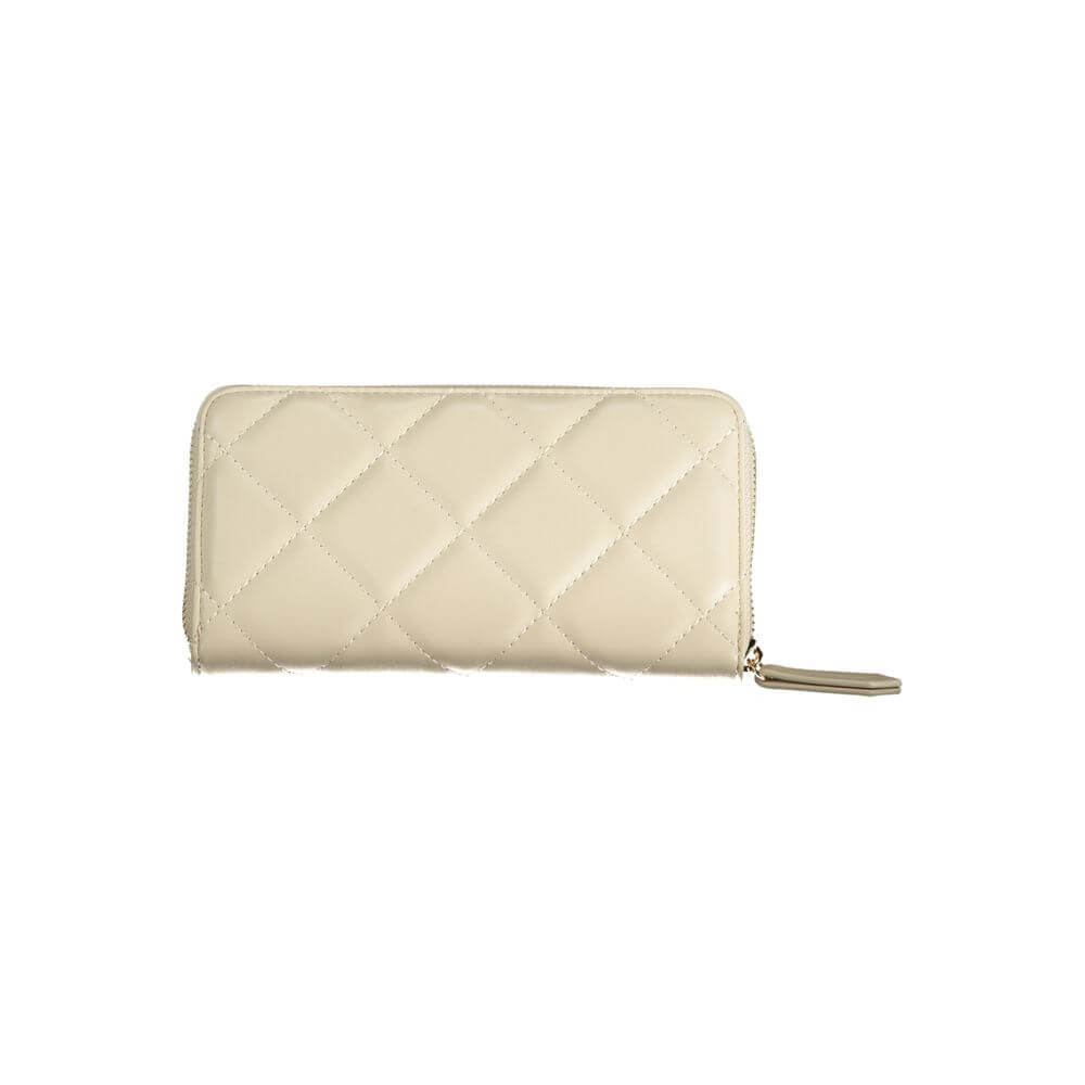 Mario Valentino Beige Polyethylene Wallet with zipper, quilted design, and logo detailing, featuring multiple compartments and card spaces.