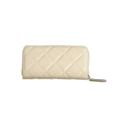 Mario Valentino Beige Polyethylene Wallet with zipper, quilted design, and logo detailing, featuring multiple compartments and card spaces.