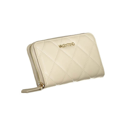Mario Valentino Beige Polyethylene Wallet with zip closure and logo, featuring 6 compartments, coin purse, card spaces, contrasting details