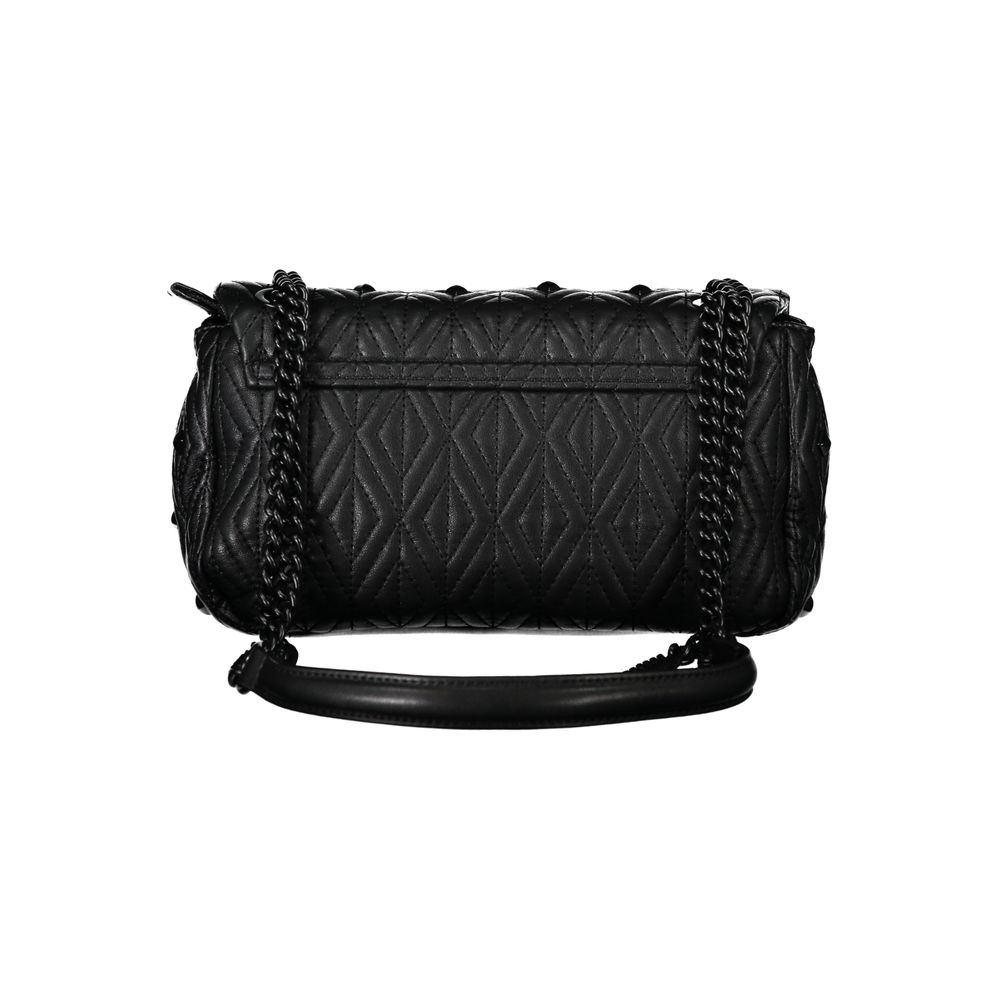 Mario Valentino Black Polyester Handbag with chain shoulder strap, internal pockets, contrasting details, zip and clip closure, logo.