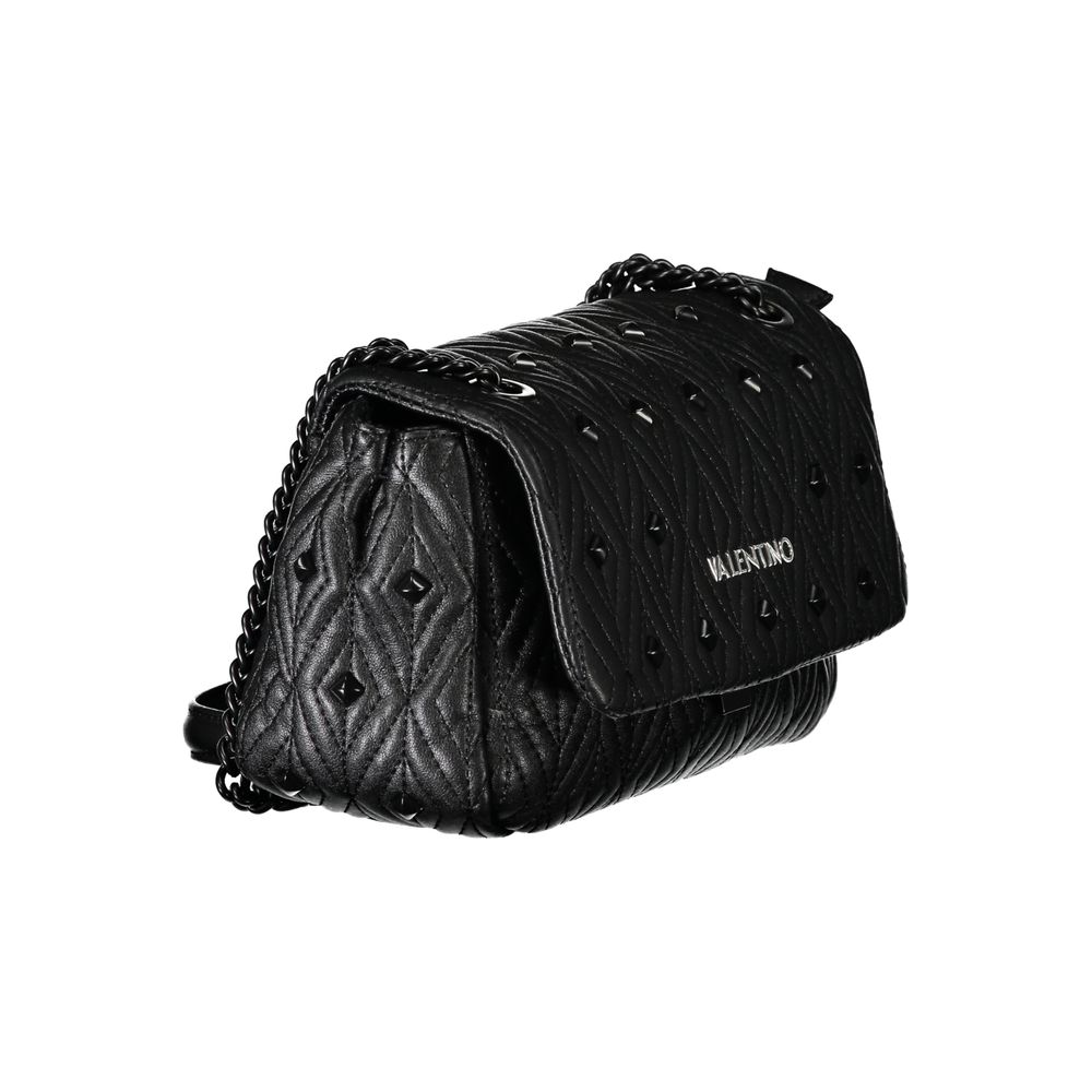 Mario Valentino Black Polyester Handbag with chain shoulder strap, two internal pockets, contrasting details, and logo.