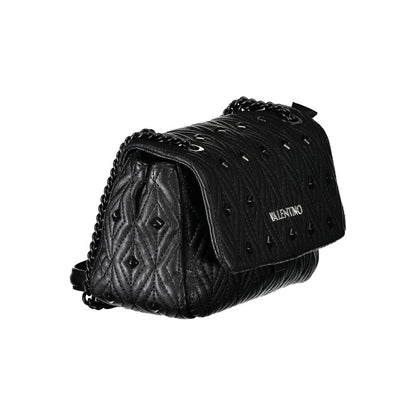 Mario Valentino Black Polyester Handbag with chain shoulder strap, two internal pockets, contrasting details, and logo.