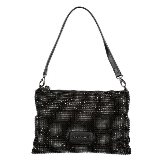Mario Valentino Black Polyester Women Handbag with Rhinestone Details featuring removable shoulder strap and deluxe chain