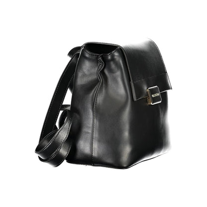 Side view of the Mario Valentino Black Polyethylene Backpack with adjustable straps, external pocket, and logo detail.