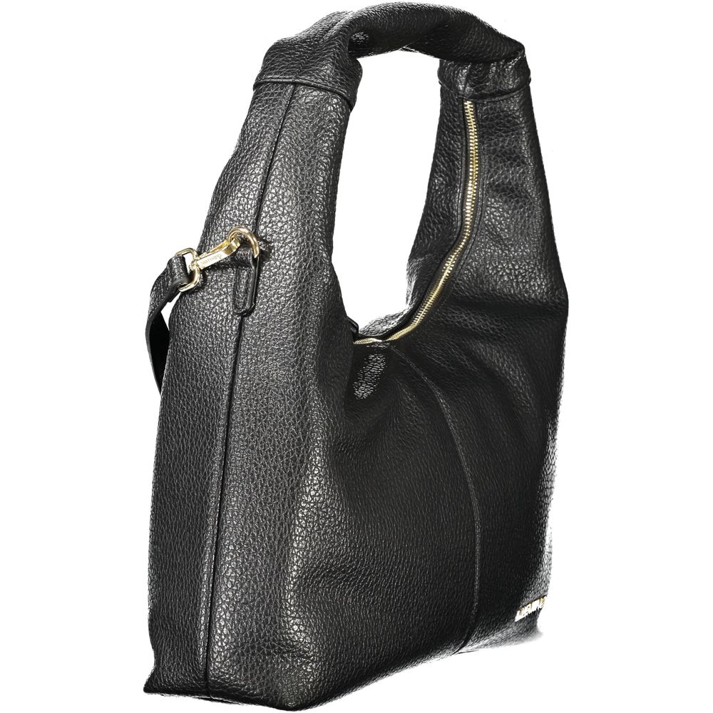 Alt Tag: Mario Valentino Black Polyethylene Women Handbag with gold zipper and single handle design for modern elegance.