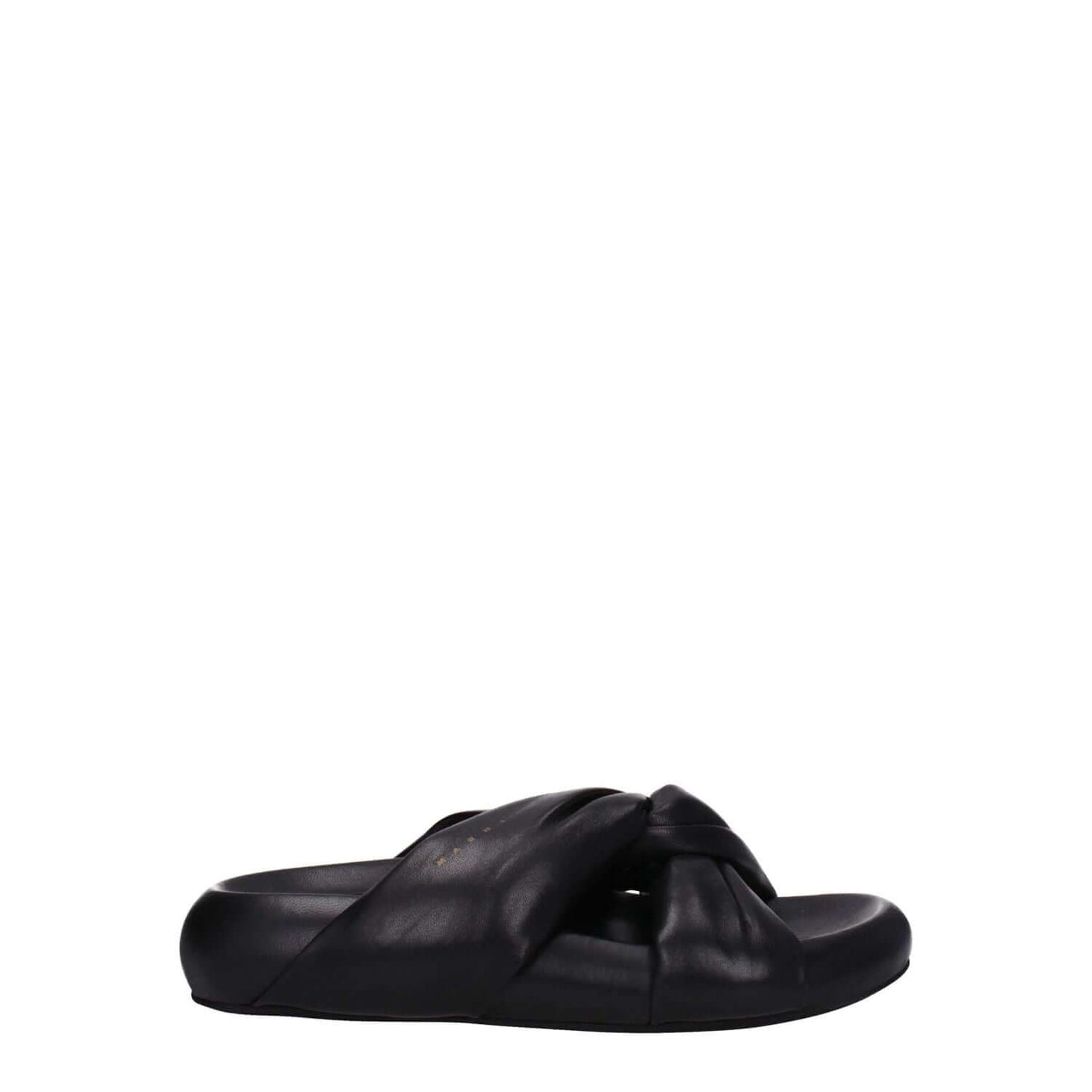 Marni Black Leather Slippers with side logo feature, open toe, mid heel, rubber sole, designed for casual style.