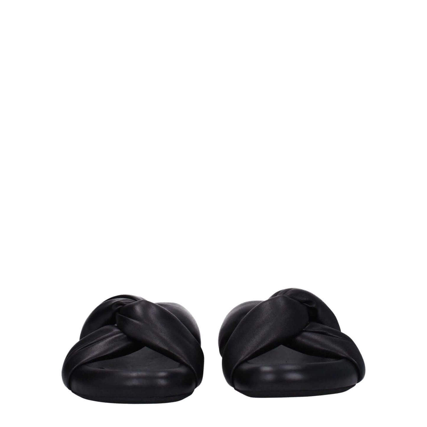 Marni Black Leather Slippers with open toe, mid heels, and side logo, featuring black leather and gold details, perfect for casual wear.