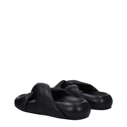 Marni Black Leather Slippers, featuring open toe, side logo, and mid heels, crafted from leather with rubber sole, casual style.