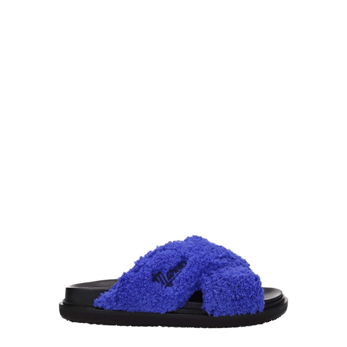 Marni Purple Fabric Slippers with side logo, open toe, and low flat heel featuring a juniper secondary color and rubber sole.