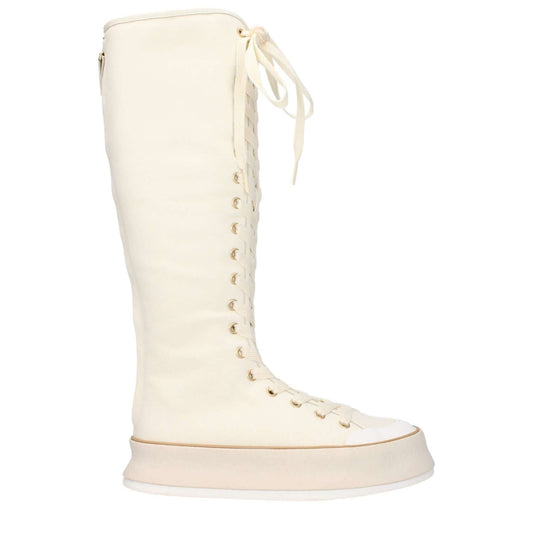 Max Mara Beige Fabric Lace-Up Boots with wedge heel and rubber sole featuring round toe and canvas details in casual style.