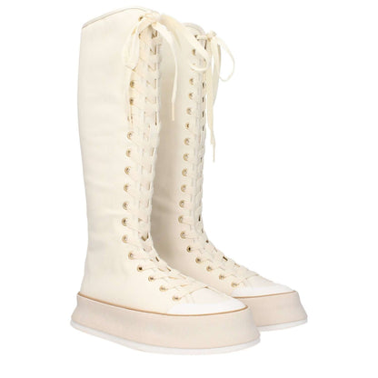Max Mara Beige Fabric Lace-Up Boots with wedge heel and vintage effect, casual style, round toe, rubber sole.