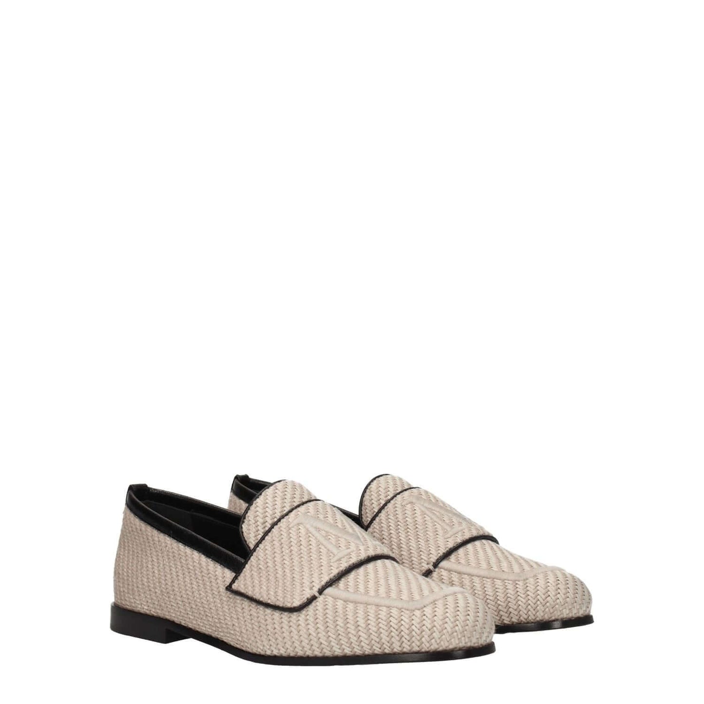 Max Mara Beige Fabric Slip-On Loafers with logo, round toe, and low flat heel. Casual leather sole shoes, secondary color Hot Desert.