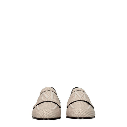 Max Mara Beige Fabric Slip-On Loafers with front logo, leather shoe sole, round toe, flat heel, and hot desert secondary color.