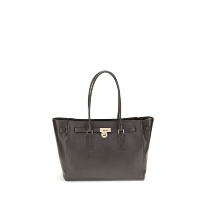 Michael Kors Brown Calf Leather Bos Taurus Shoulder Bag with padlock pendant and zippered closure.