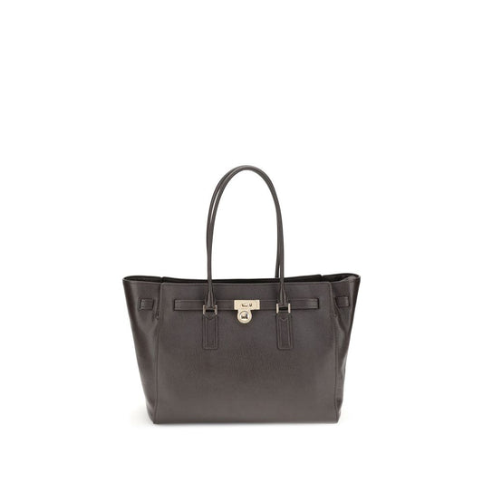 Michael Kors Brown Calf Leather Bos Taurus Shoulder Bag with padlock pendant and zippered closure.
