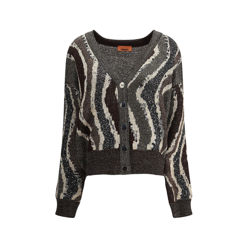 Missoni Brown Viscose Cardigan with wave pattern, sequins, button closure for a sophisticated look, AW25 season.