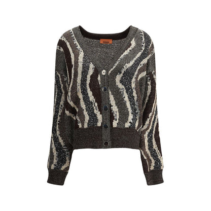 Missoni Brown Viscose Cardigan with wave pattern, sequins, button closure for a sophisticated look, AW25 season.