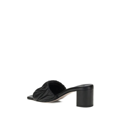 Side view of Miu Miu Black Lamb Ovis Aries Aries Stiletto Heel Sandals with padded straps and squared toe.