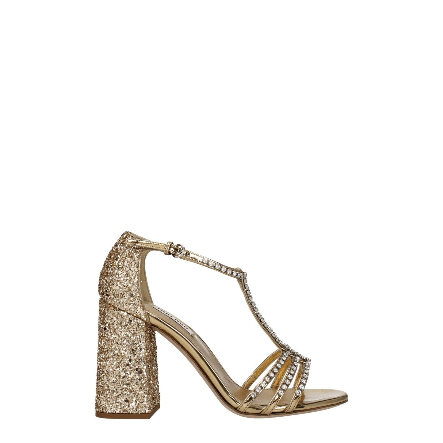 Miu Miu Gold Plastic Platform Sandals with rhinestones, leather sole, high heel, open toe, and buckle closure.