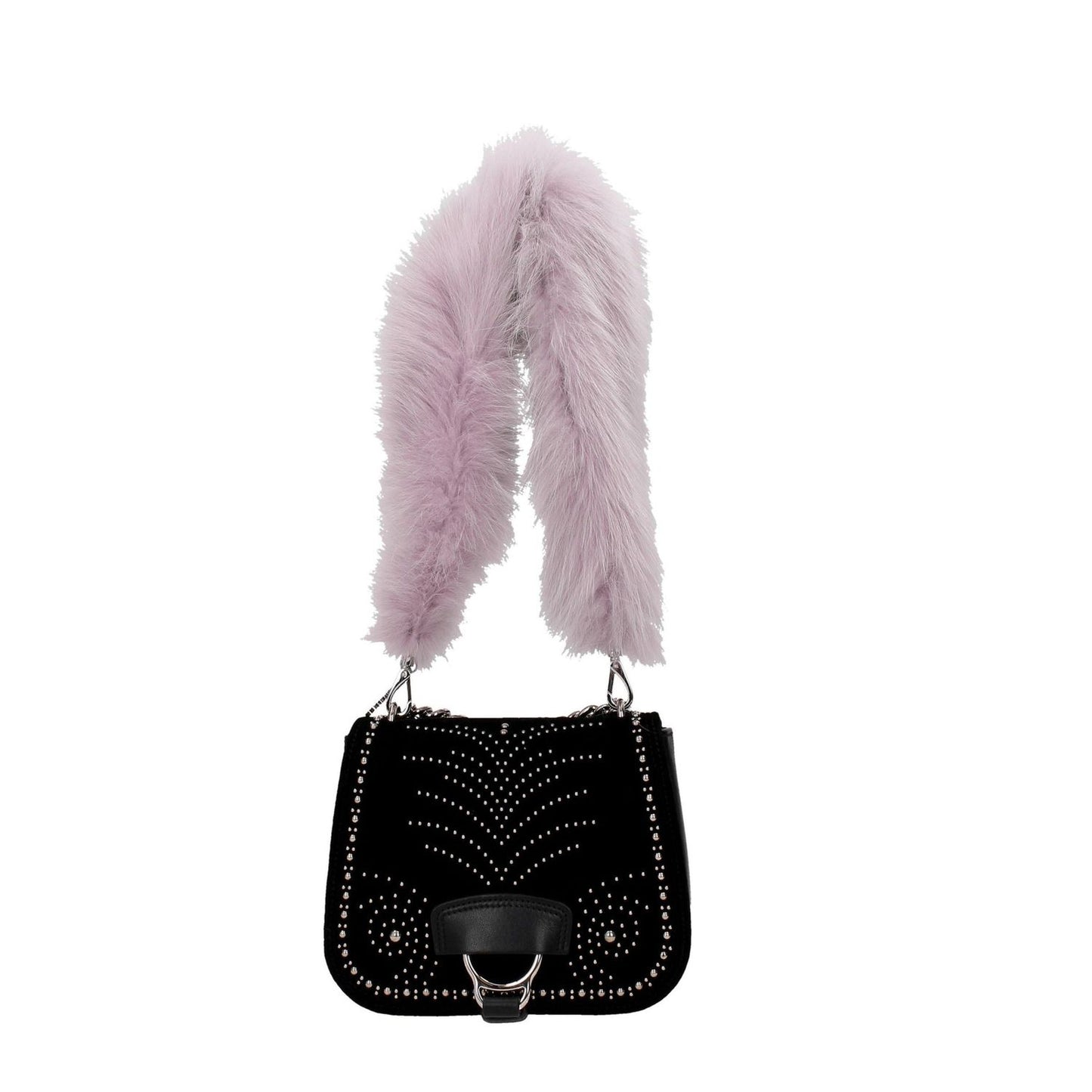 Miu Miu Purple Fur Shoulder Bag with silver hook closure and fox fur strap, showcasing luxury design and branding details.