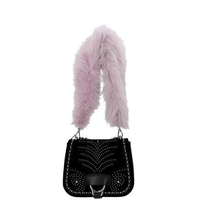 Miu Miu Purple Fur Shoulder Bag with silver hook closure and fox fur strap, showcasing luxury design and branding details.